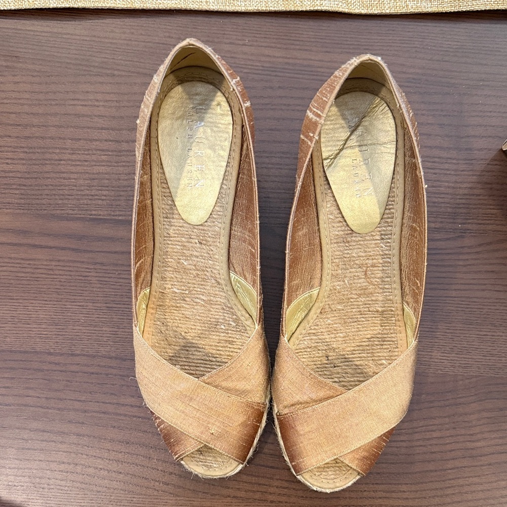 Gold Shantung Espadrilles. Lauren by Ralph Lauren. Size 8B